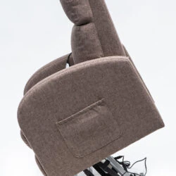 Side view of a brown recliner chair in a raised position.