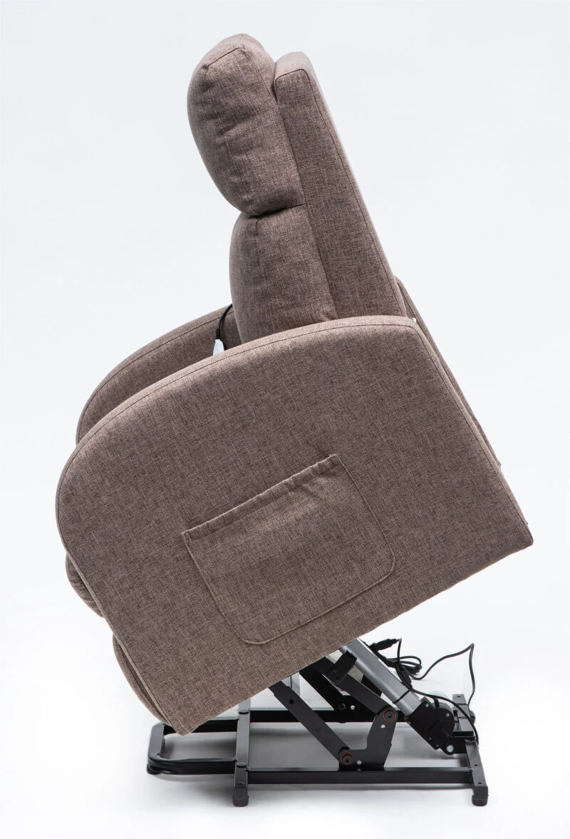Side view of a brown recliner chair in a raised position.