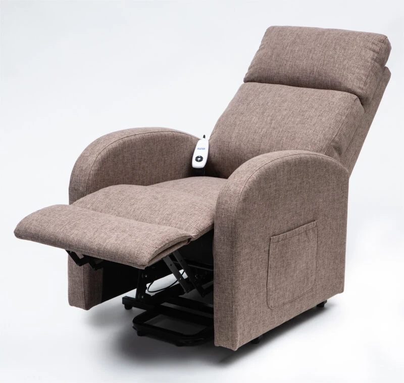 Brown recline chair with extended footrest and side pocket.