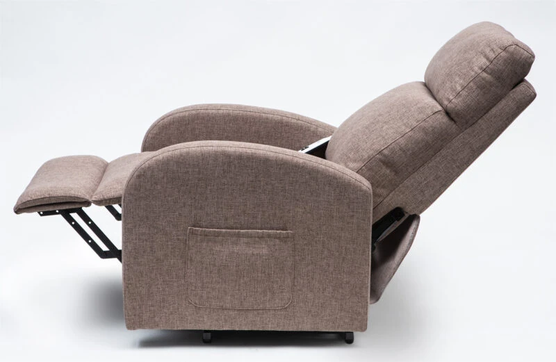 Mink-colored rise and recline chair in a reclined position.