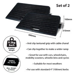 Two black rubber threshold ramps with dimensions and features listed.