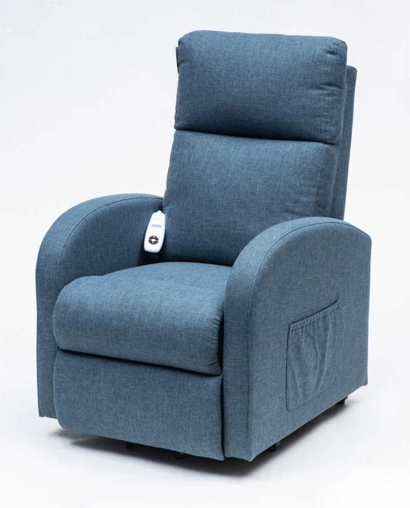 Blue rise recline chair with remote and side pocket.