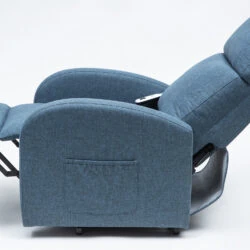 Blue rise and recline chair in a fully reclined position with visible side pocket.