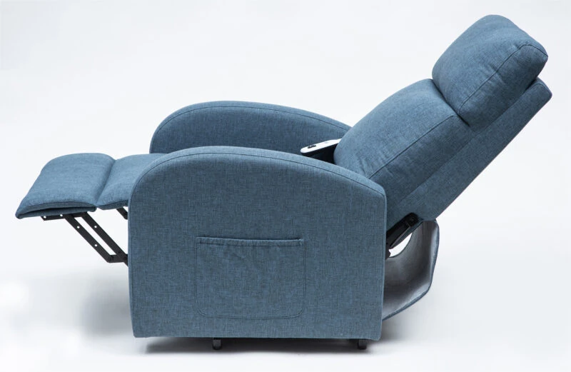 Blue rise and recline chair in a fully reclined position with visible side pocket.