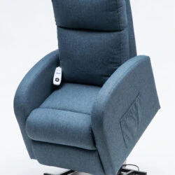 Blue rise recline chair with a remote control on the armrest.