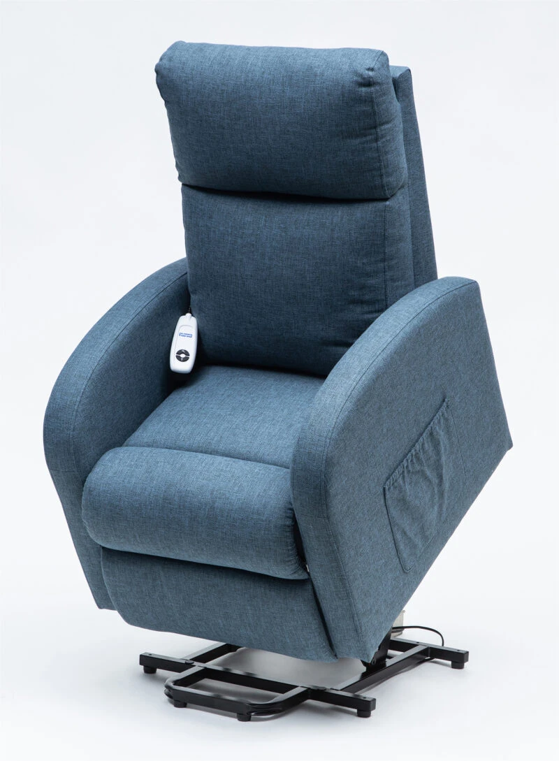 Blue rise recline chair with a remote control on the armrest.
