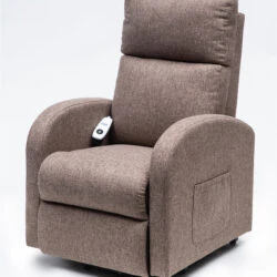 Mink-colored rise and recline chair with remote and side pocket.