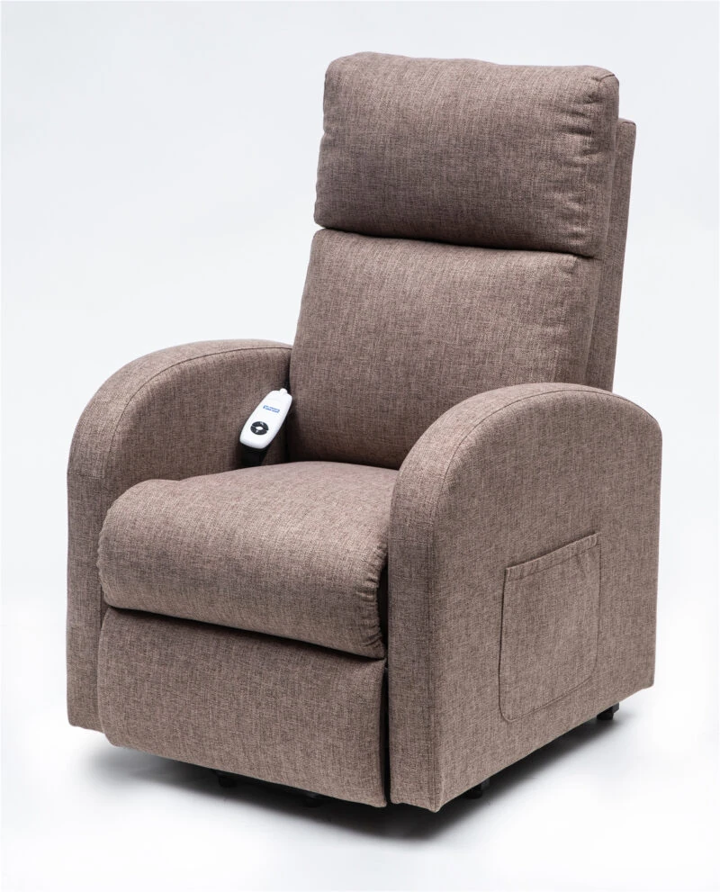 Mink-colored rise and recline chair with remote and side pocket.