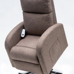 Mink-colored rise and recline chair with remote control.