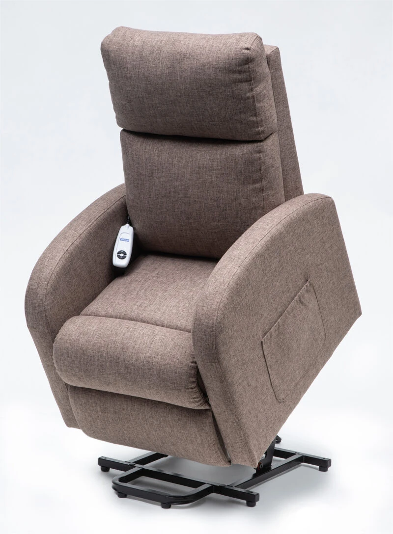 Mink-colored rise and recline chair with remote control.