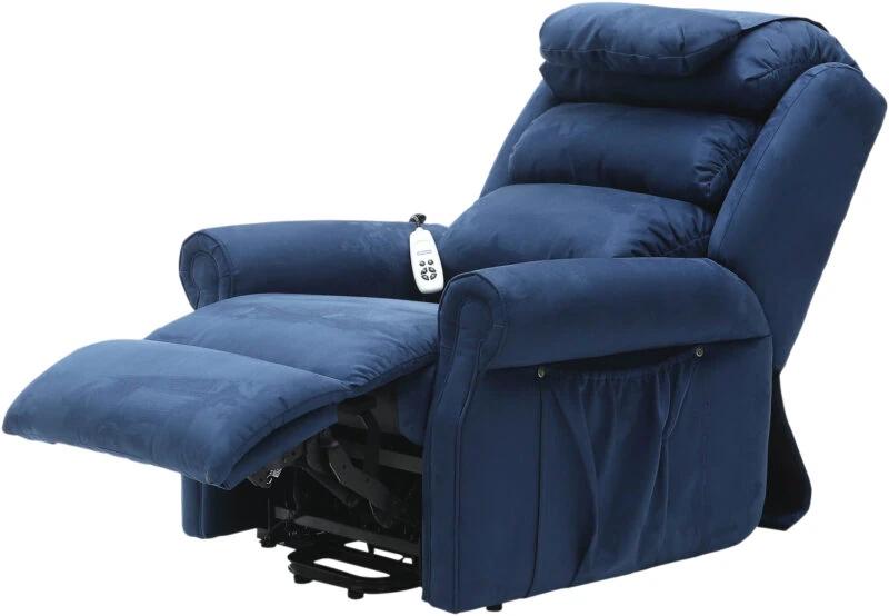 Blue dual motor recliner armchair with extended footrest.