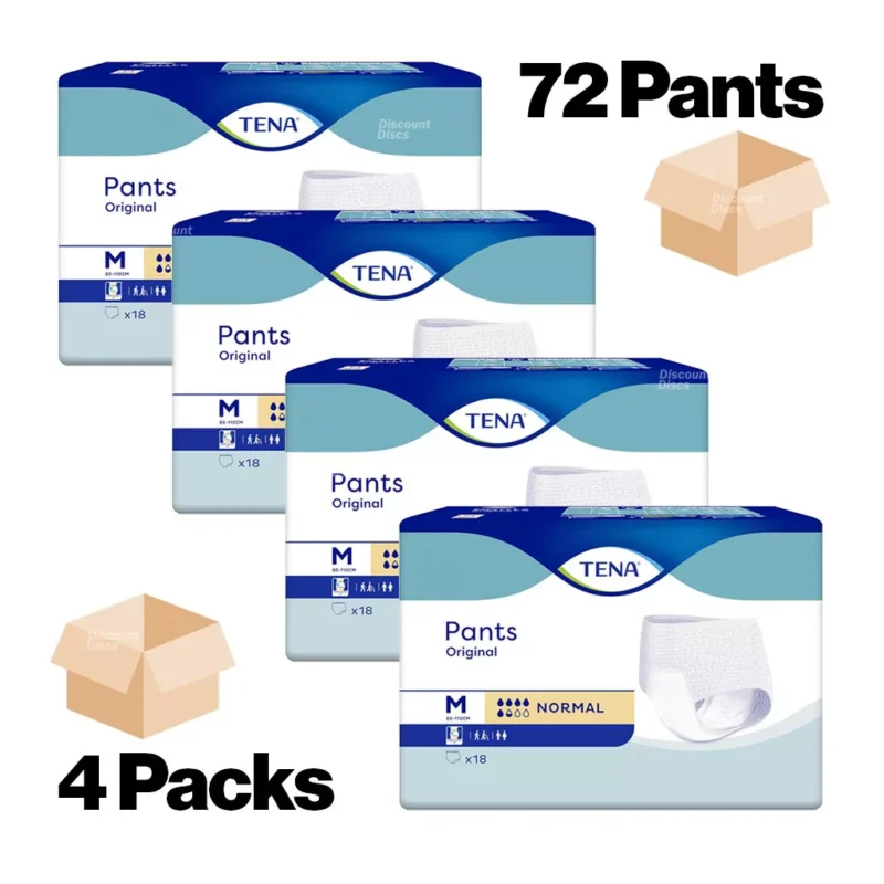 Four packs of Tena Pants Original, Medium size, 72 pants total.