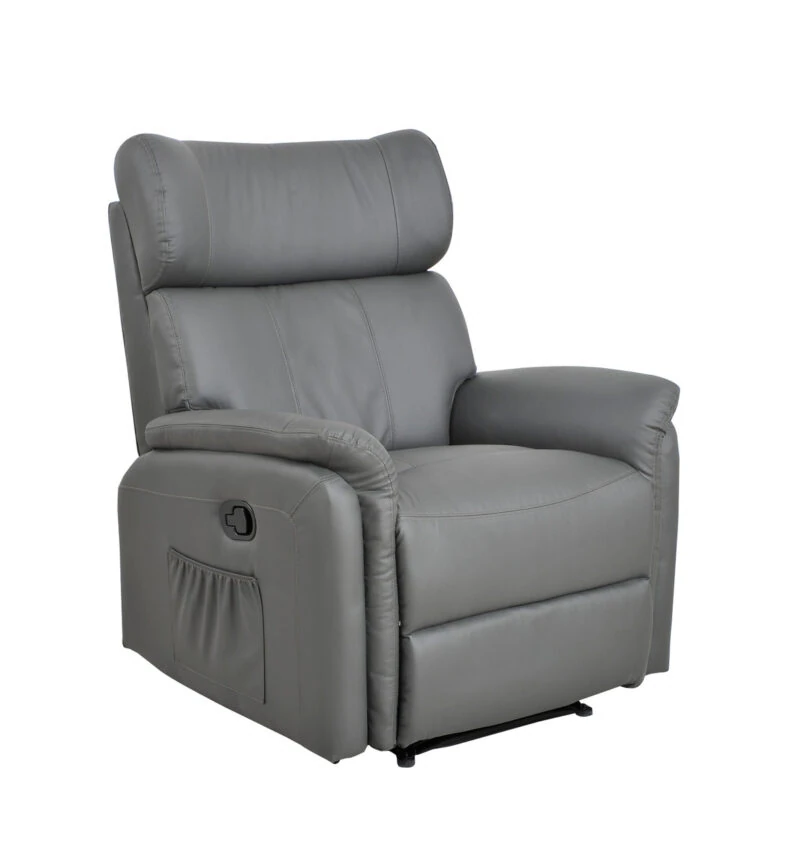 Grey leather manual recliner armchair with high back and winged headrest.