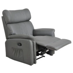 Grey leather manual recliner armchair with extended footrest.
