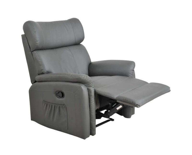 Grey leather manual recliner armchair with extended footrest.