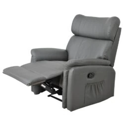 Grey leather manual recliner armchair with extended footrest.