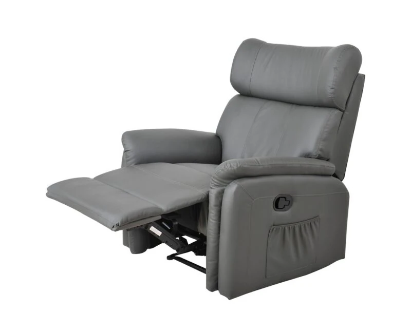 Grey leather manual recliner armchair with extended footrest.
