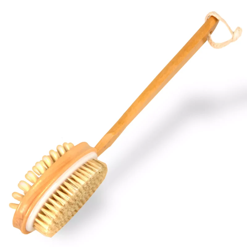 Double sided shower cleaning brush with long wooden handle and soft bristles.