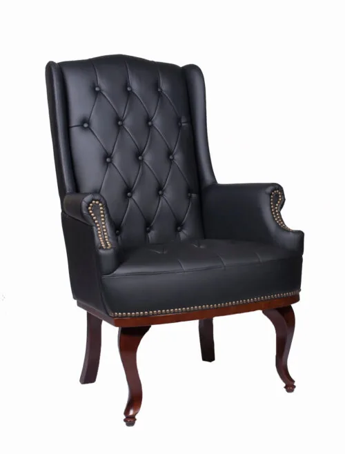 Black high back armchair with button-tufted design and mahogany legs.