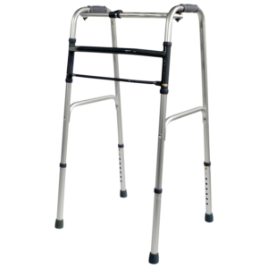 Lightweight folding walking frame with adjustable height.