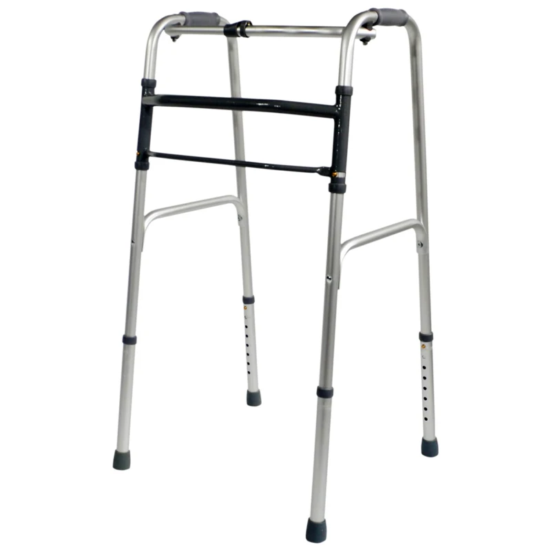 Lightweight folding walking frame with adjustable height.