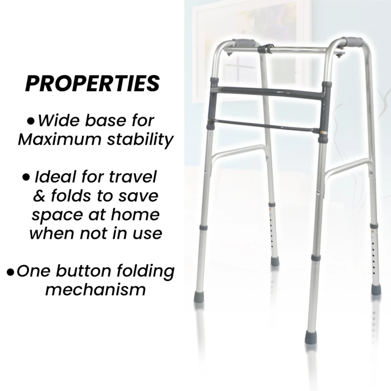 Folding Zimmer Walking Frame with stability features highlighted.