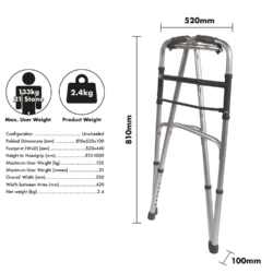 Folding Zimmer Walking Frame with dimensions and specifications.