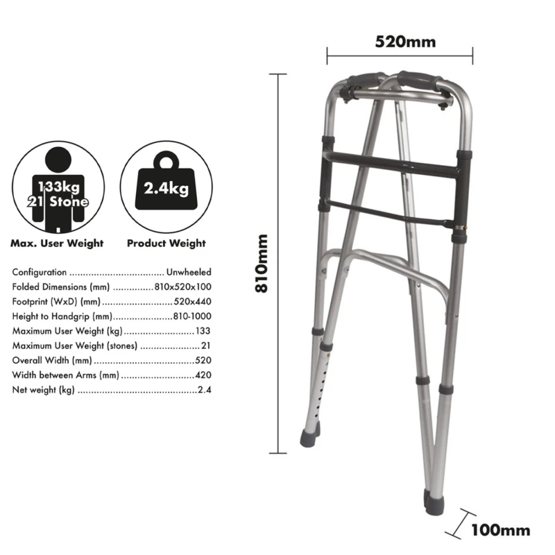 Folding Zimmer Walking Frame with dimensions and specifications.