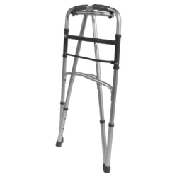 Lightweight folding walking frame with height adjustment.