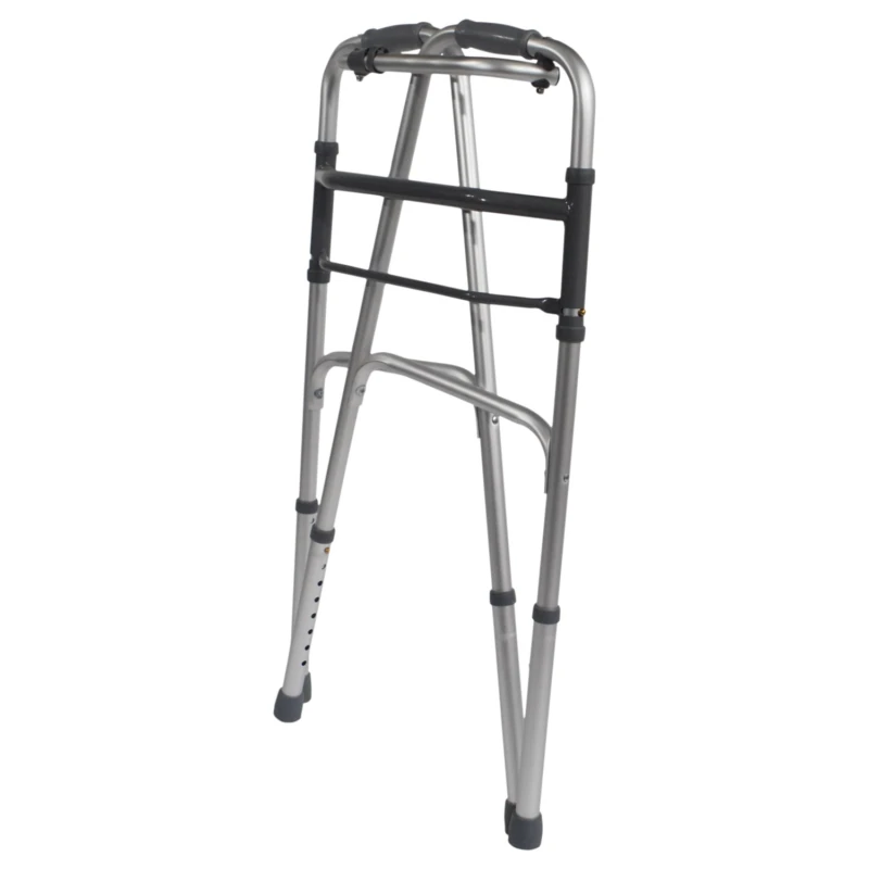 Lightweight folding walking frame with height adjustment.