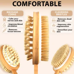 Double sided shower brush with massage corns and cleansing bristles.