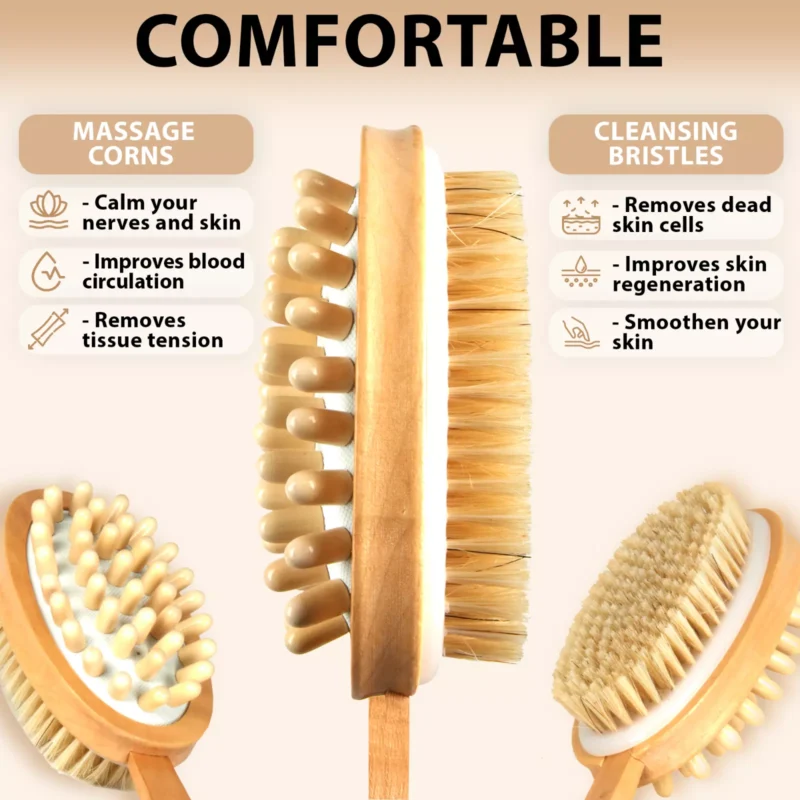 Double sided shower brush with massage corns and cleansing bristles.