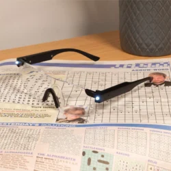 Magnifying glasses with LED lights on a crossword puzzle.