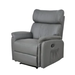 Grey leather manual recliner armchair with high back and side pocket.