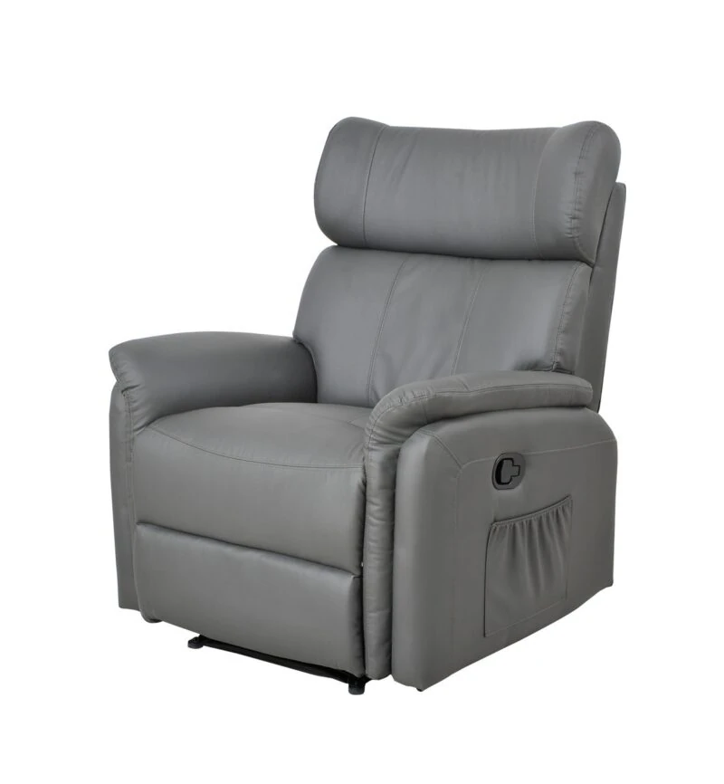 Grey leather manual recliner armchair with high back and side pocket.
