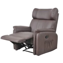 Brown leather manual recliner armchair with footrest extended.