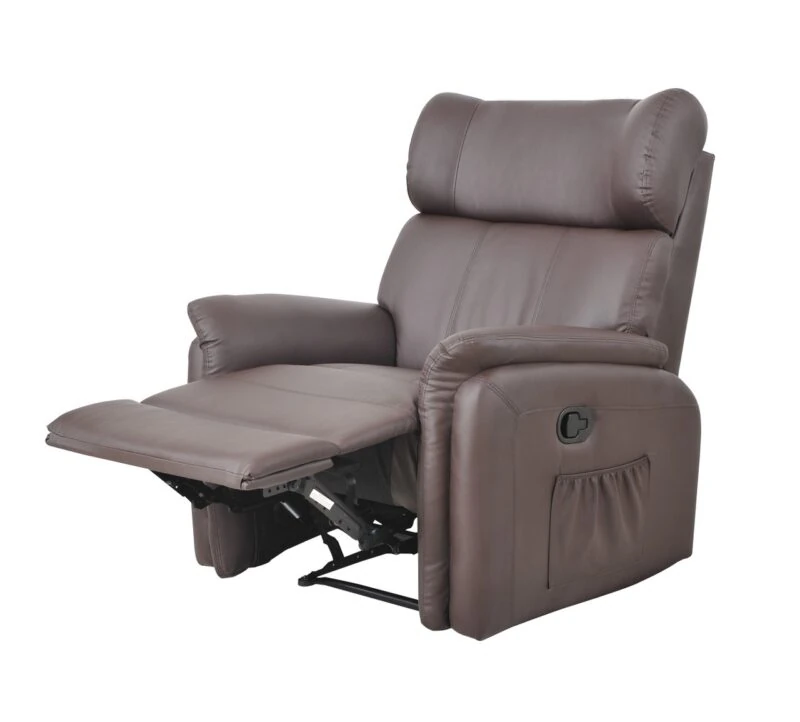 Brown leather manual recliner armchair with footrest extended.