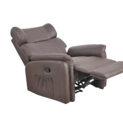 Brown manual recliner armchair in a reclined position on a white background.