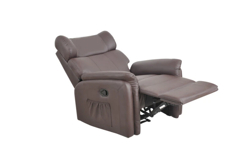 Brown manual recliner armchair in a reclined position on a white background.