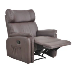 Brown leather recliner armchair with extended footrest and side pocket.