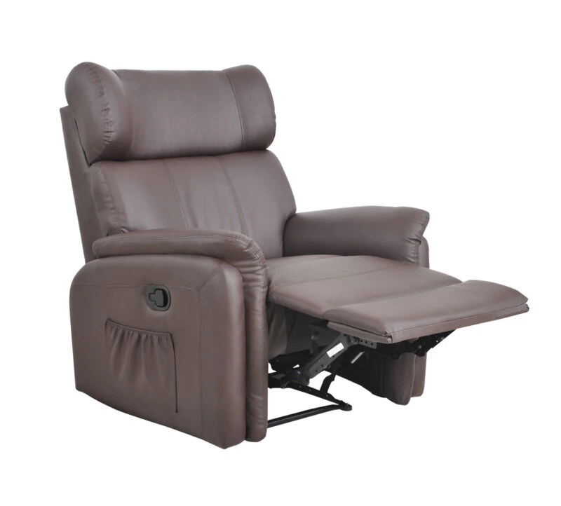Brown leather recliner armchair with extended footrest and side pocket.