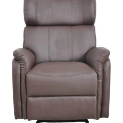 Front view of a brown leather recliner armchair with a high back.