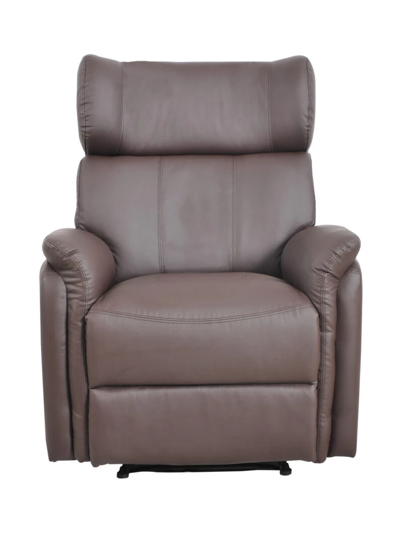 Front view of a brown leather recliner armchair with a high back.