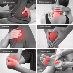 Six images showing highlighted pain areas on the body.