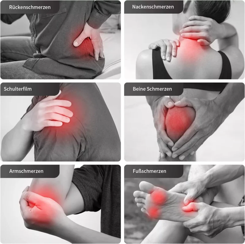 Six images showing highlighted pain areas on the body.