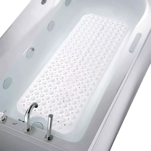 White anti slip shower mat placed inside a bathtub.
