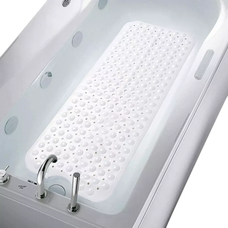 White anti slip shower mat placed inside a bathtub.