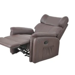 Brown leather recliner armchair with extended footrest.