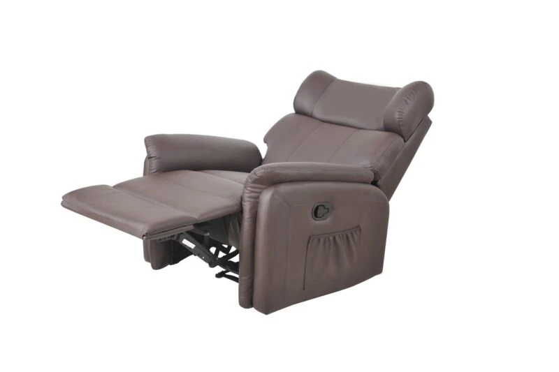 Brown leather recliner armchair with extended footrest.
