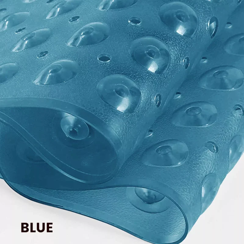Blue anti-slip shower mat with suction cups.